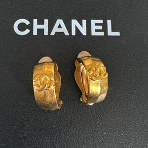 Chanel CC Gold Plated Clip On Hoop Earrings Vintage Authentic CoA